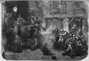 Juan Prim y Pratsin (1814-1870), espanjalaisen kenraalin ja poliitikon, salamurha hänen poistuessaan Cortesista del Turco -kadulla Madridissa 28. joulukuuta 1870. Kaiverrus "" Le Monde Illustré" -julkaisussa nro 724 25 päivänä helmikuuta 1871. tekijältä French School