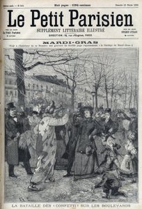 Konfettitaistelu Pariisin bulevardilla Mardi Grasin (Mardi-Gras) aikana. Kaiverrus "Le petit Parisien" tekijältä French School