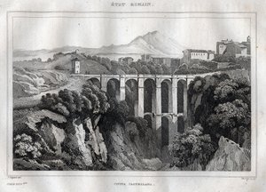 Sillalla on kaksinkertaiset pelihallit - CIVITA CASTELLANA - Viterbon maakunta - Italia - Kaiverrus aiheesta "" Italy Picturesque" - Historiallinen ja kuvaava maalaus Italiasta", M. de Norvins, Ch. Nodier 1834-1836. tekijältä French School