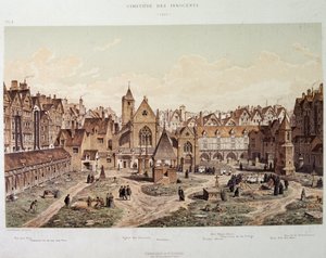 Viattomien kirkko ja hautausmaa vuonna 1550 - "Paris a travers les ages" 1800-luvun lopulla. tekijältä French School