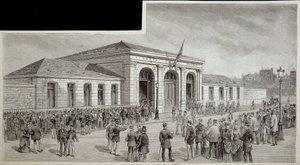 Yleisö ruumishuoneen edessä Pariisissa vuonna 1886. tekijältä French School