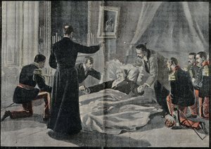 Ranskan presidentin Felix Fauren (1841-1899) kuolema, Abbe Renault, antoi hänelle anteeksiannon. Kaiverrus kirjassa "" Le Pelerin"" 26/02/1899. tekijältä French School