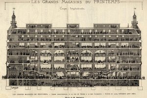 Printempsin tavaratalot vuonna 1889, pituusleikkaus Rue du Havresta Rue Caumartiniin, piirustus Berteault, Bianchetti-kokoelma. tekijältä French School