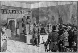 Gaston Masperon Sesostriksen (Rhamses II) muumion poisto Musee de Boulaqissa (Kairo, Egypti) khedive Tewfikin läsnä ollessa. Kaiverrus teokseen "Kuvallinen maailma" 1886. tekijältä French School