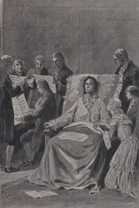 Kuoleva Wolfgang Amadeus Mozart kuuntelee ystäviään esittämässä kantaattiaan Ystävyyden ylistykseen (kaiverrus) tekijältä French School