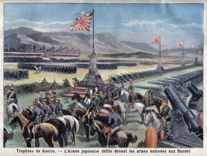 Japanin Venäjän konfliktin loppu, Japanin voittoisa armeija istuu Venäjän asekaappauksen edessä "Le Petit Parisienissa", 24.6.1906 (kaiverrus) tekijältä French School
