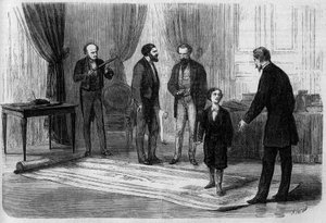 Insinööri Boutet esitteli suunnitelmansa rautatiesillasta Ranskan ja Englannin välillä keisari Napoleon III:lle (1808-1873) poikansa Prince Imperialin (1856-1879) läsnäollessa. tekijältä French School