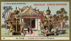 Temppelin sisäänkäynti Bangkokissa, Siamissa (chromolitho) tekijältä French School
