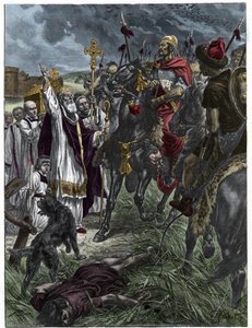 Eveque Saint Loup of Troyes pidätti Attilan hunnien kuninkaan ennen Troyes - Barbarian Invasions - Kaiverrus H. Grobertin maalauksen jälkeen. tekijältä French School