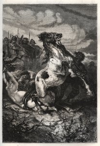 Austrasialaisen Brunhildan teloitus Chlothar II:n toimesta, 613 - Brunehautin (tai Brunehilden) kuolema, jonka määräsi Clotaire (Clothaire) II (613). kaiverrus tekijältä French School