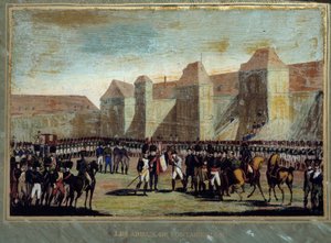 Napoleon Bonaparten (1769-1821) jäähyväiset pitävät keisarillisen vartijan Cheval Blancin pihalla Fontainebleaussa 20.4.1814. Anonyymi maalaus. 1814 Aix Island, Napoleonin museo tekijältä French School