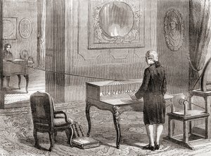 Ensimmäinen esittely vuonna 1774 Georges-Louis Le Sagen keksimästä sähkölennättimestä Les Merveilles de la Sciencesta, julkaistu noin 1870 (kaiverrus) tekijältä French School