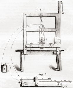 Ensimmäinen sähköinen lennätin, jonka Samuel Morse keksi vuonna 1837, Les Merveilles de la Science -julkaisusta, julkaistu noin 1870 (kaiverrus) tekijältä French School
