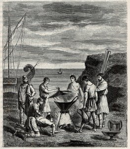 Ensimmäiset Kreikan saariston merenkulkijat saivat makean veden höyrystämällä merivettä - Kaiverrus "" Tieteet kaikkien saatavilla - Suosittu fysiikka ja kemia" Alexis Clerc - 1800-luvun loppu - Yksityinen kokoelma tekijältä French School