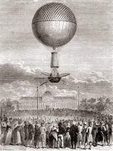 Jean-Pierre François Blanchardin ensimmäinen onnistunut ilmapallolento 2. maaliskuuta 1784 vetykaasupallolla, joka laukaistiin Champ de Marsista, Pariisista, Ranskasta, Les Merveilles de la Sciencestä, julkaistu noin 1870 (kaiverrus) tekijältä French School