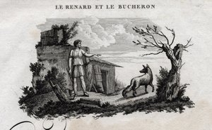 Kettu ja metsämies. Fable of Esope. (Kreikkalainen kirjailija Esopo tai Ecopus, 6. vuosisata eKr.) Kirjoittanut Guillaume Montfort ja Gravees Beauble vuonna 1801. tekijältä French School