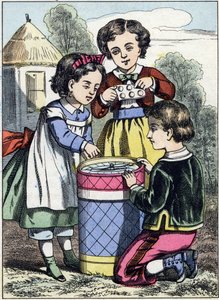Makaroonien peli. Kaiverrus kuva-albumista "Lapsuuden pelit". Kuvia Epinalista, 1800-luvun loppu. 32 sivua. Koko: 20x14cm tekijältä French School