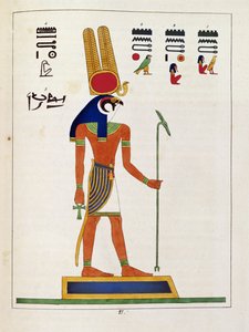 Mandou-jumala, kuvitus Egyptin Pantheonista: Jean-Francois Champollionin kokoelma mytologisia hahmoja muinaisesta Egyptistä, julkaistu noin 1986 tekijältä French School
