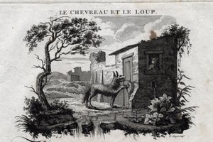 Lapsi ja susi. Fable of Esope. (Kreikkalainen kirjailija Esopo tai Ecopus, 6. vuosisata eKr.) Kirjoittanut Guillaume Montfort ja Gravees Beauble vuonna 1801. tekijältä French School