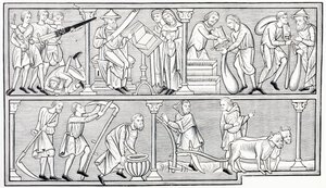 Sodan, tieteen, kaupan ja maatalouden työt 1200-luvun psalterin pienoiskuvan jälkeen Les Arts au Moyen Agesta, julkaistu 1873 tekijältä French School