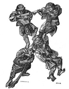 Neljästä musiikkihahmosta koostuvan groteskin aakkoston X-kirjain, valmistettu vuonna 1466. Teoksessa ”” Maalauksellinen kauppa”” 1836 tekijältä French School