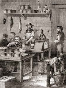 Asepuuvillan valmistus 1800-luvulla, Les Merveilles de la Science, julkaistu n. 1870 (kaiverrus) tekijältä French School