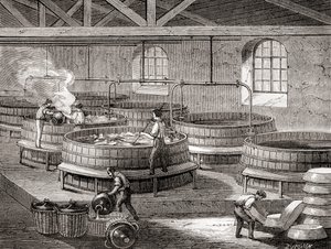Saippuan valmistus suurissa säiliöissä 1800-luvulla, julkaisusta "Les Merveilles de la Science", julkaistu noin vuonna 1870 (kaiverrus). tekijältä French School