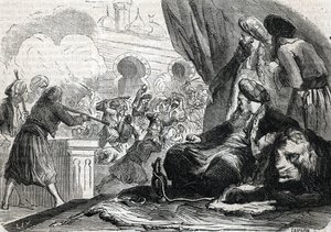 "Janissaarien armeijan verilöyly vuonna 1826, sulttaani Mahmoud II, Konstantinopoli" (kaiverrus) 1864 tekijältä French School