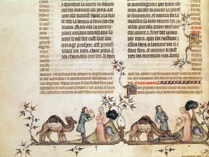 Eliezerin ja Rebeccan tapaaminen kaivolla, Jean de Syn Raamatusta, n. 1355