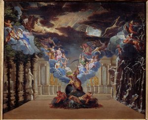 Ajan palatsi, vuonna 1676 luodun Jean Baptiste Lullyn (Giovanni Battista Lulli) (1632-1687) ”Atys”-prologin koristelu ovat edustettuina myhologisia hahmoja, kuten Mercury, Hermes. Anonyymi maalaus 1600-luvun ranskalaisesta koulusta. Pariisi tekijältä French School
