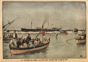 Miesten pyhiinvaellus Pyhässä maassa Jaffassa (Israel). Kaiverrus lehdessä "Le pelerin" 8/09/1901. Selvan kokoelma. tekijältä French School