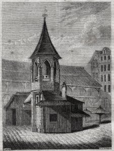 Hallien pilleri 1700-luvulla, rakennettu vanhalle viattomien hautausmaalle - Jacques Antoine Dulauren kaiverrus "Pariisin fyysinen, siviili- ja moraalinen historia: historiallisista ajoista nykypäivään" tekijältä French School