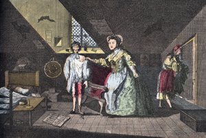 Hurskas räätäli jäi kiinni aviorikoksesta. Cabbagen kaiverrus vuodelta 1768 kirjassa "" Lire Et Galanterie"". Viikoittainen Galantes-kuvien kokoelma John Grand-Carteret
