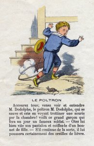 Poltron. Lapsi leikkii vannetta hiiren peloissaan. Pikkupoikien aakkoset. Abecedarylla on moraalista arvoa, joka sisältää lukuharjoituksia. Epinaalinen kuvantaminen 1800-luvun lopulla tekijältä French School