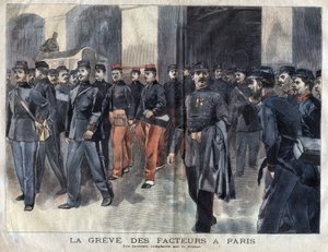 Postimiehet lakkoivat: sotilaita ja kunnallisia vartijoita syytetään kirjeiden jakelusta Pariisissa. Kaiverrus vuodelta 1899 kirjassa "" La petite Gironde"" tekijältä French School
