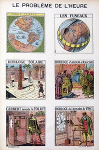 Ajan ongelma: Orbis Terrea, kara, aurinkokello, Aroum Al Racshidin kello, Gerbert keksii Foliotin, Leonardo da Vincin (Leonardo da Vinci) kellon - kaiverrus, deb. 20. vuosisata tekijältä French School
