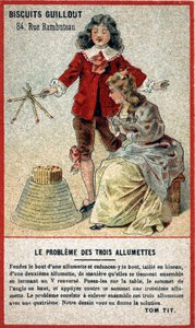 Kolmen ottelun ongelma: lasten kortti, joka tarjoaa pelin palapelin muodossa (arvaus). 1800-luvun kromolitografia. tekijältä French School