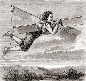 Ranskalaisen lukkosepän Jacob Besnierin väitetty lento itse suunnittelemansa lentolaitteen avulla vuonna 1678, julkaisusta "Les Merveilles de la Science", julkaistu noin vuonna 1870 (litografia). tekijältä French School