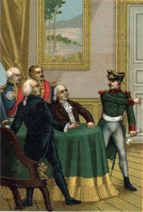 Vuoden 1815 entisöinti: Napoleon I:n poliisiministeri Joseph Fouche vietti preussilaisen upseerin huoneeseen, jossa kuningas Ludvig XVIII:n johtama väliaikaisen hallituksen komissio 7. heinäkuuta 1815. tekijältä French School