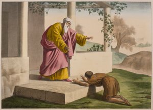 Tuhlaajapojan paluu, kuvitus katekismuksesta LHistoire Sainte, julkaisija Charles Delagrave, Pariisi, 1800-luvun loppu tekijältä French School