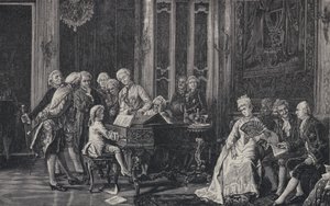 Seitsemänvuotias Wolfgang Amadeus Mozart soitti ennen kuningas Yrjö III:ta Lontoossa, 1764 tekijältä French School