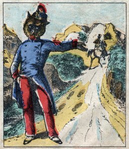 Sairas leijona ja kettu. Jean de La Fontainen (1621-95) sadut. Epinaalikuvaus 1800-luvun lopulta. tekijältä French School