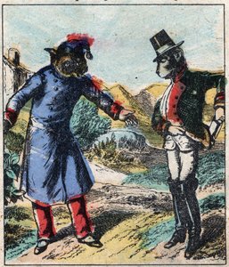 Sairas leijona ja kettu. Jean de La Fontainen (1621-95) sadut. Epinaalikuvaus 1800-luvun lopulta. tekijältä French School