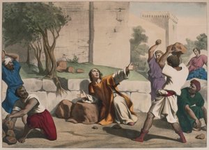 Pyhän Tapanin kivittäminen, kuvitus katekisuksesta LHistoire Sainte, julkaisija Charles Delagrave, Pariisi, 1800-luvun loppu tekijältä French School
