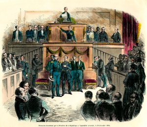 Tasavallan presidentiksi virallisesti julistetun Louis Napoleon III:n (Louis-Napoleon) vannominen kansalliskokouksessa 20. joulukuuta 1848. Hän lupasi "pysyä uskollisena yhdelle ja jakamattomalle demokraattiselle tasavallalle ja täyttää kaikki tekijältä French School