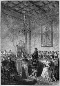 Lordi William Russellin (1639-1683) oikeudenkäynti - kaiverrus Francois Guizotin "Englannin historiasta, varhaisimmista ajoista" 1877 tekijältä French School