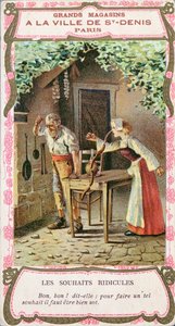 Vaimo makkaran nenä, kuva Perraultin sadusta Kolme toivomusta (Les Trois Souhaits), 1800-luvun loppu tekijältä French School