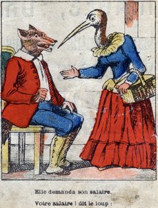Susi ja haikara. Jean de La Fontainen (1621-95) sadut. Epinaalikuvaus 1800-luvun lopulta. tekijältä French School
