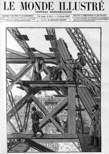 Eiffel-tornin teokset vuoden 1889 maailmannäyttelyyn, työntekijät ovat viisikymmentä metriä maanpinnan yläpuolella. Vuoden 1888 "Kuulokas maailma". tekijältä French School