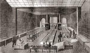 Kemiallisia kylpyjä sisältävä työpaja Charles Christoflen galvanointitehtaalla Pariisissa, Ranskassa vuonna 1867, Les Merveilles de la Science -julkaisusta, julkaistu noin 1870 (kaiverrus) tekijältä French School